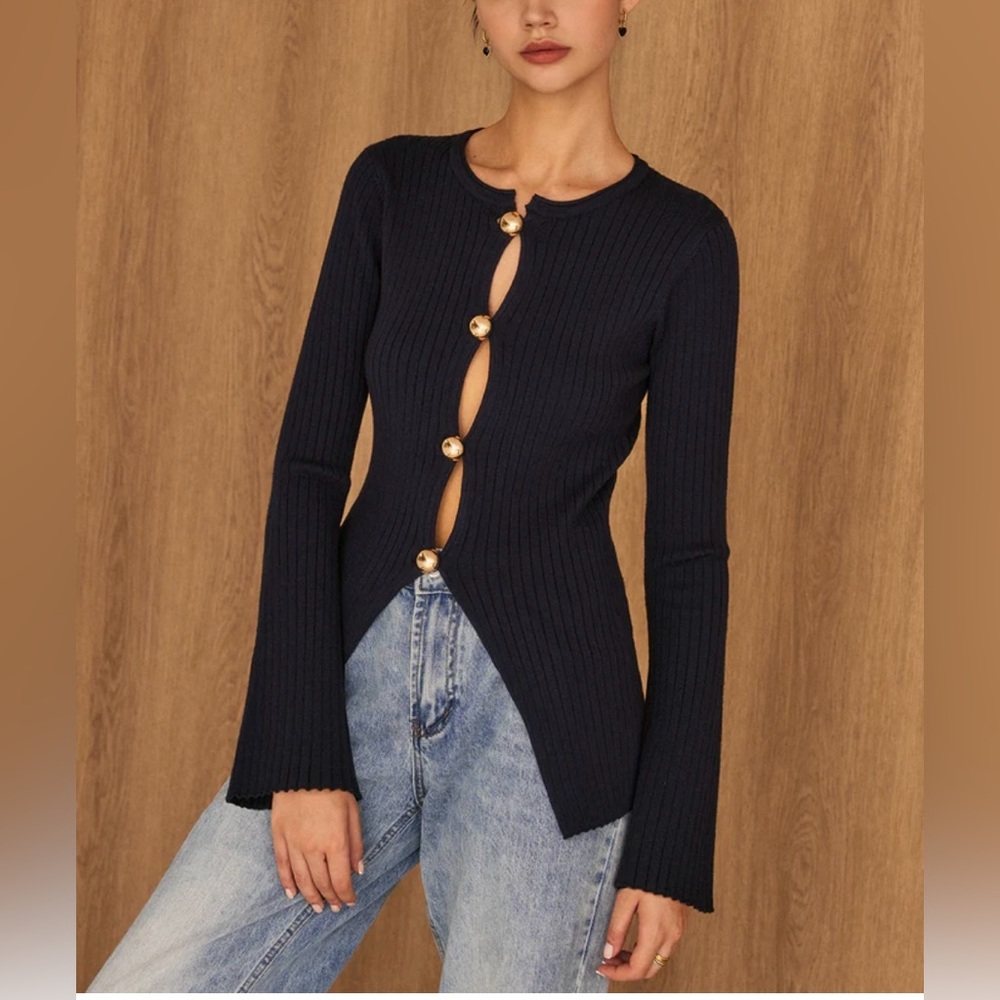 Commense Navy Ribbed Button-Front Long Sleeve Top